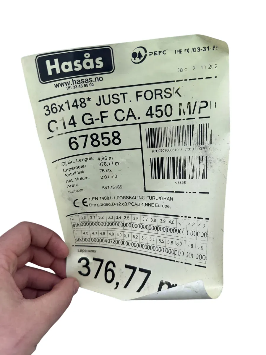 Hasås Justert Forskaling Furu/Gran 36x148 C14 4,9m - bilde 1