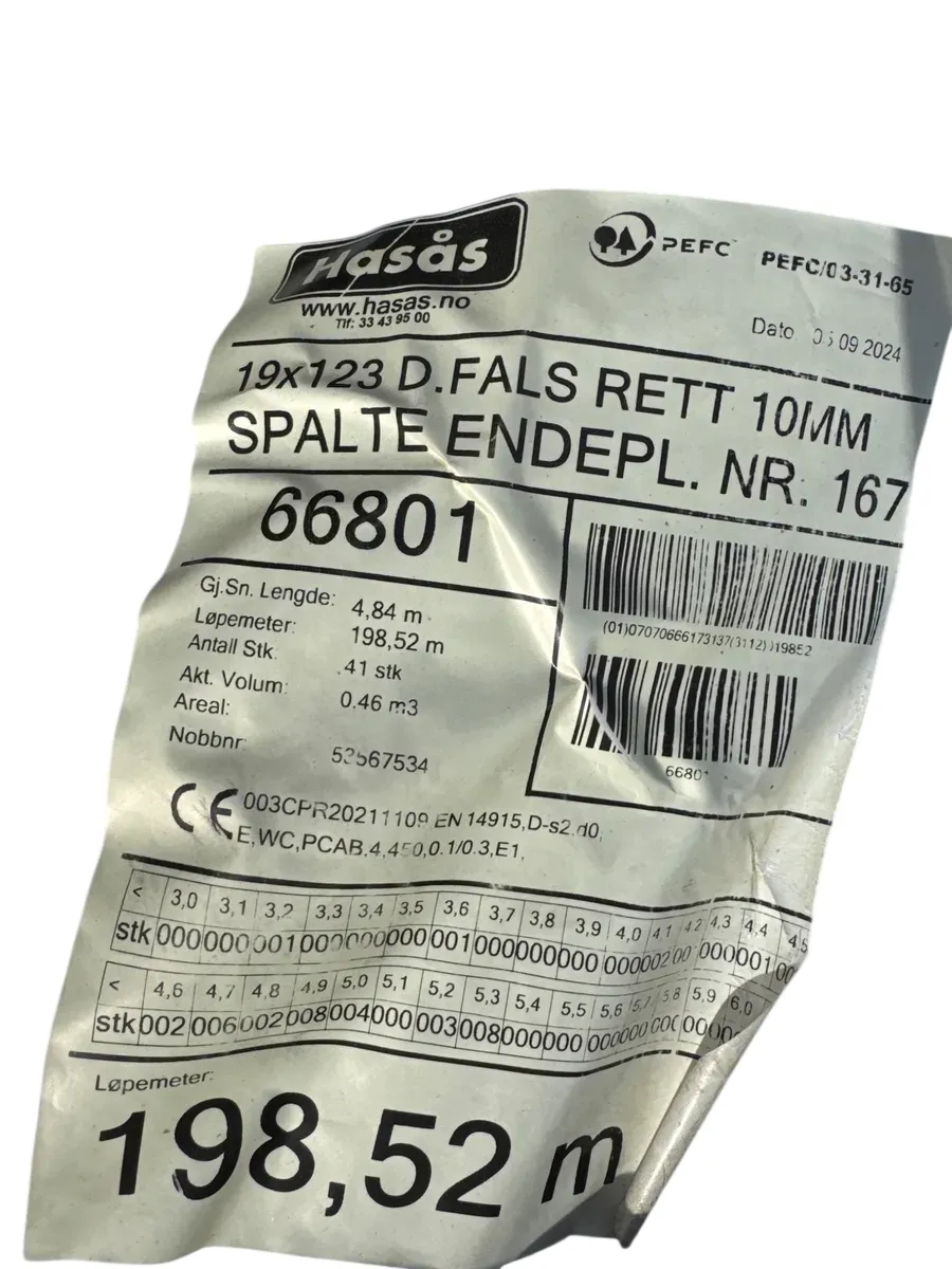 Hasås Gran 19x123 Dobbelfals Rett 10mm Spalte Endepløyd Kledning, pakke 198,52 lm - bilde 1