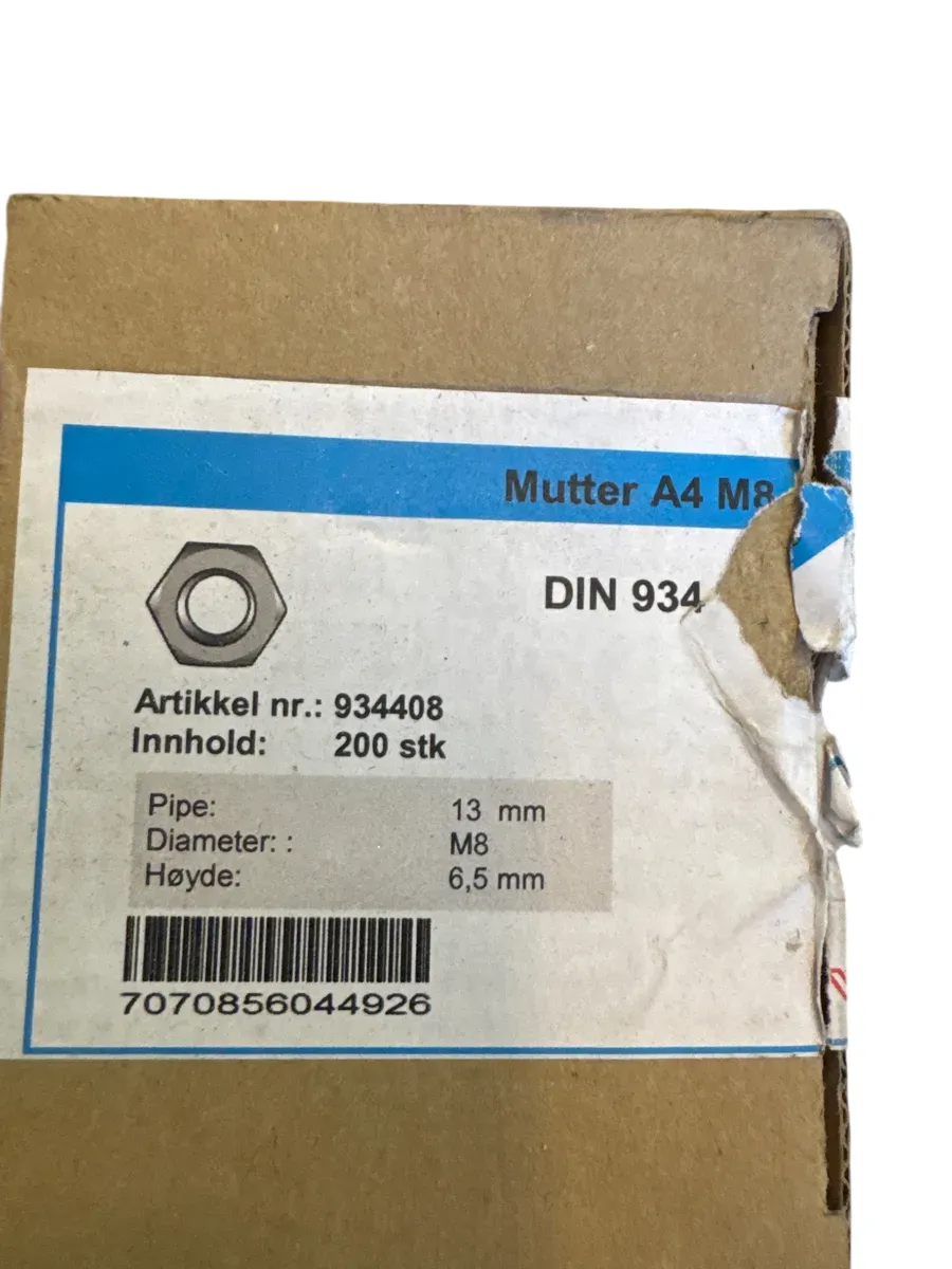 Sekskantmutter M8 A4 DIN 934, ca 200 stk - bilde 1