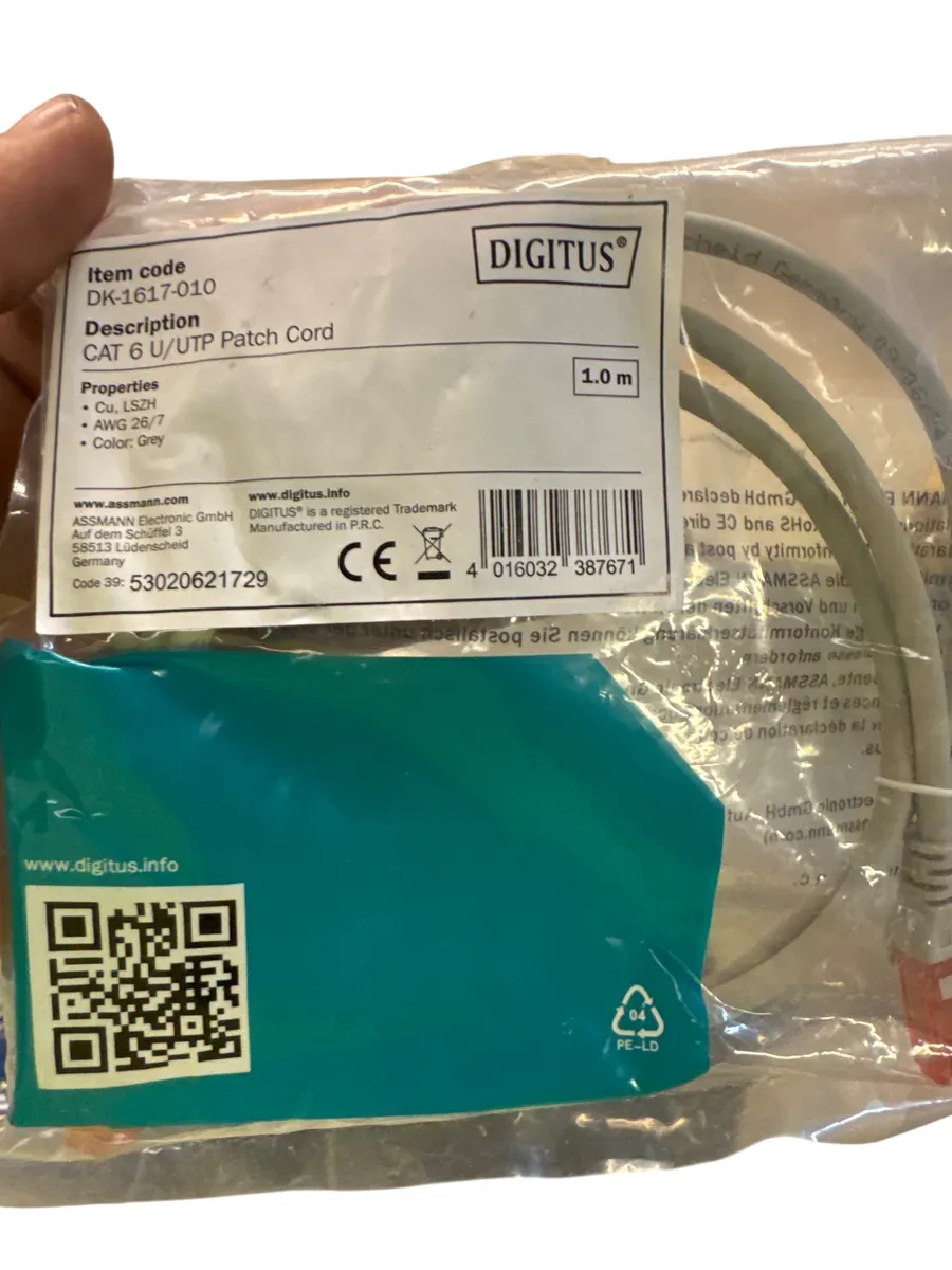 DIGITUS CAT 6 U/UTP Patch Cord, 1m, Grå - bilde 1