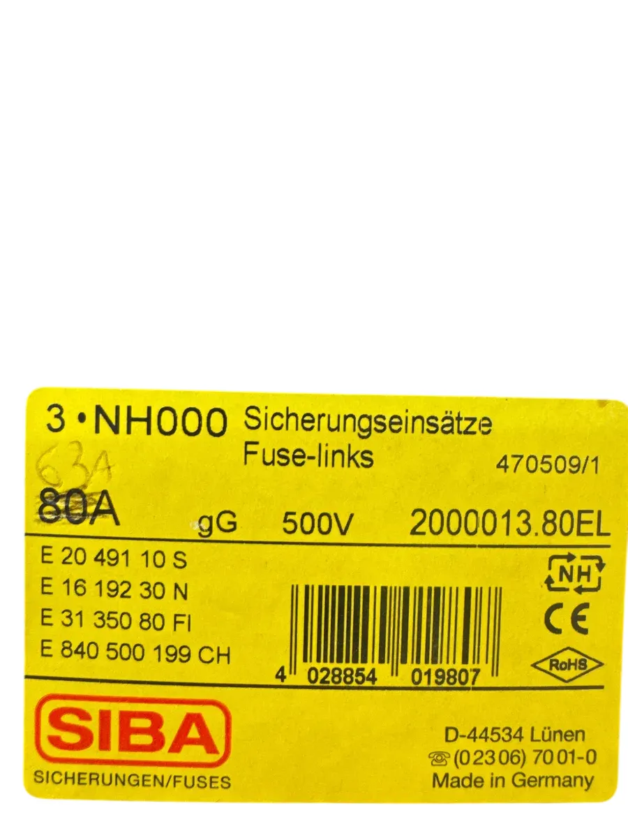 SIBA NH000 80A gG 500V Sikring (3-pakning) - bilde 1