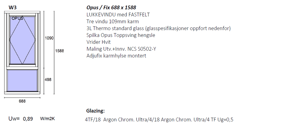 Opus Toppsving vindu med fastfelt 680x1580 Hvit - bilde 1