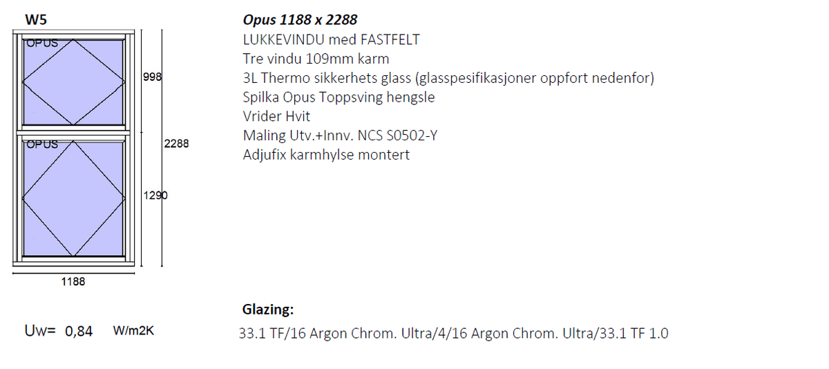Opus Toppsving vindu med fastfelt 1180x2280 Hvit - bilde 1